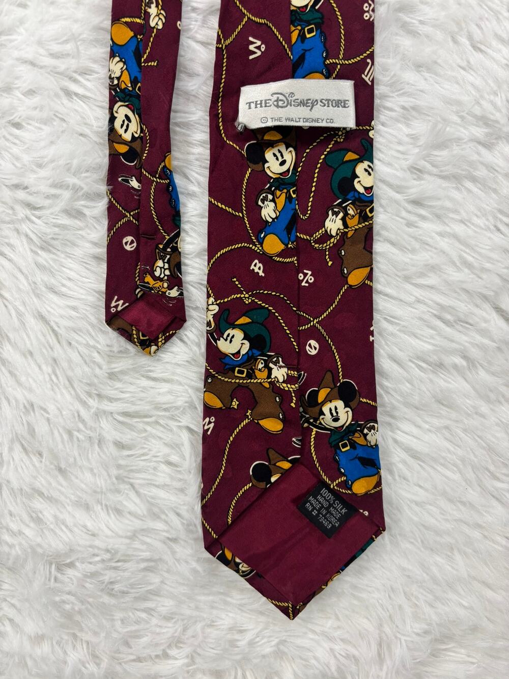 Vintage Disney Store Silk Tie Mickey Mouse Cowboy Western Maroon Novelty